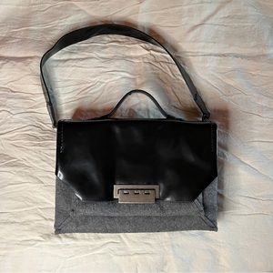 Zac Posen Black Leather & Gray Flannel Satchel Shoulder Purse Tote
